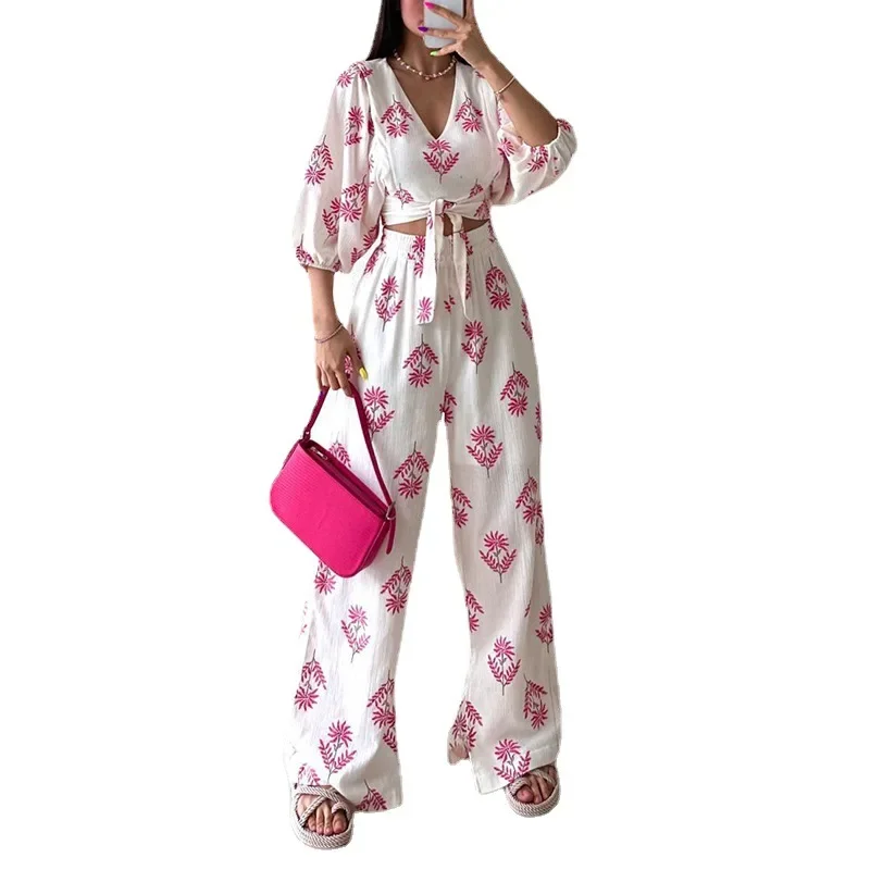 Casual V Neck Temperament Printed Bubble Sleeve Top Pants Spring Outfits Women 2024 Women's Two Piece Set