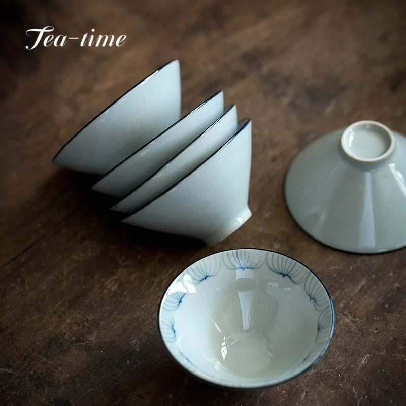 50ml Hand-painted Lotus Simple Antique Blue and White Bamboo Hat Tea Cup Ceramic Kung Fu TeaSet Master Personal Small Single Cup