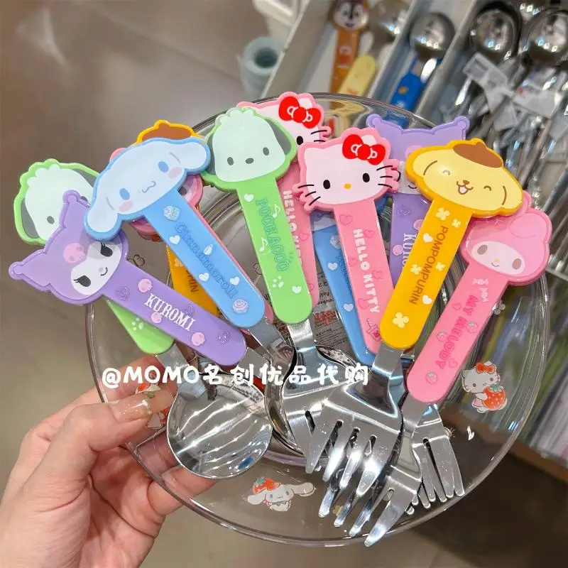 

Sanrio интересная столовая ложка Cinnamoroll столовая посуда из нержавеющей стали Kuromi помпон пурин Милая мультяшная Ложка Вилка для девочки подарок