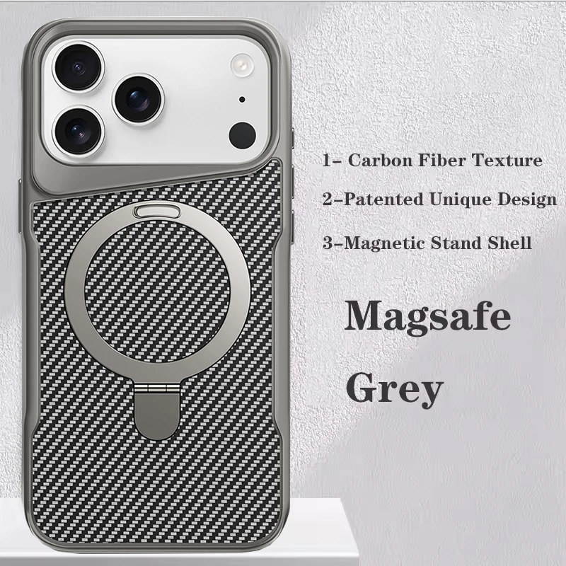 Sleek Carbon Fiber Textured Magnetic Phone Case with Soft Rubber Frame and Metal Stand