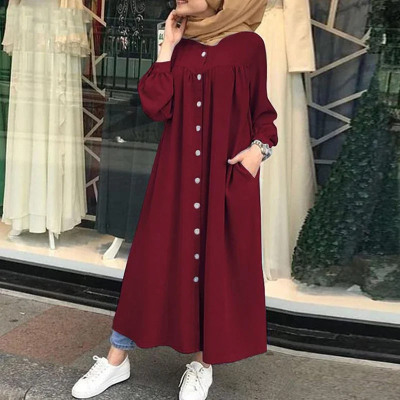 New Women's Muslim Abaya Robes Spring Autumn Ladies Long Sleeve Round Collar Maxi Dress with Pocket Commuter Casual Shirt Dress
