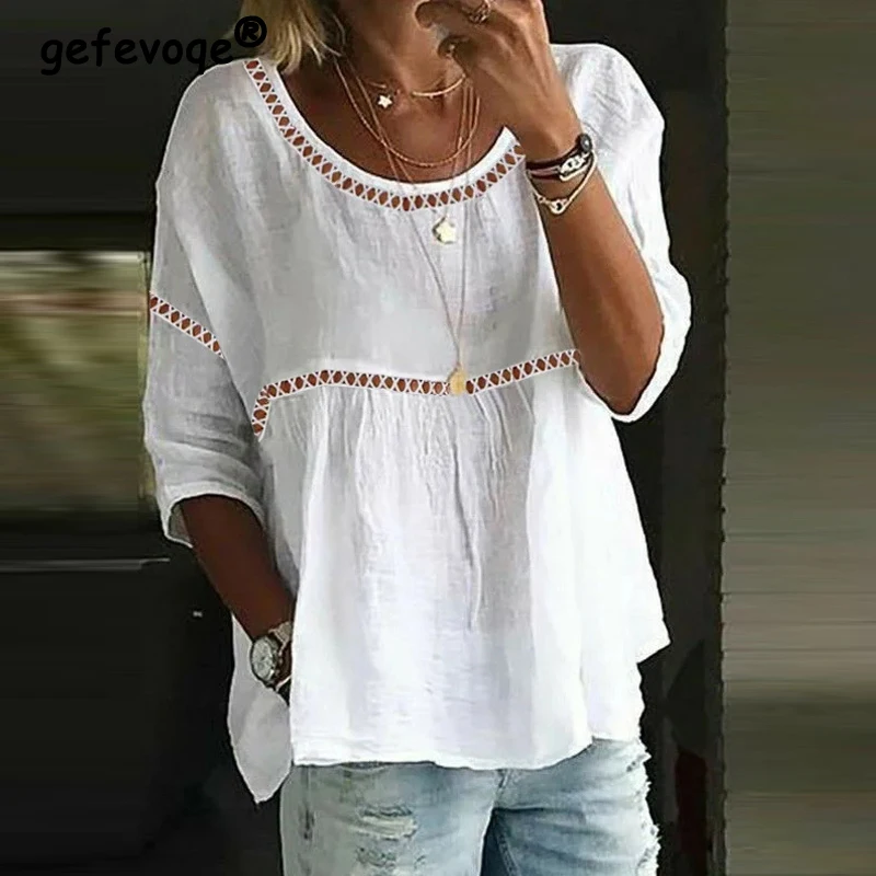 

Clothes for Women Summer Vintage Sexy Hollow Oversize Blouses Casual White 3/4 Sleeve Shirts Casual Streetwear Tops Cotton Blusa