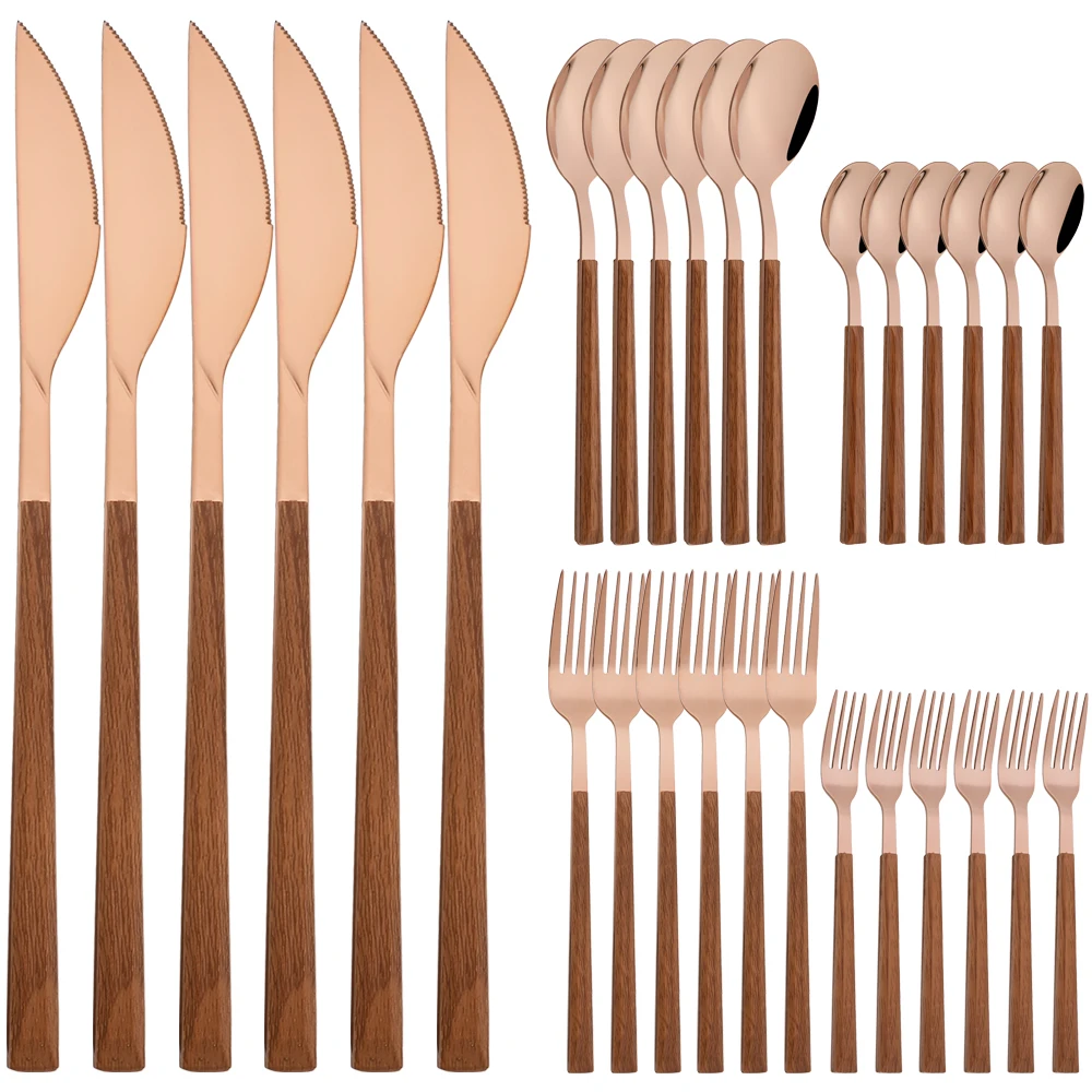 

Imitation Wooden Handle Cutlery Set Brown Rose Dinnerware Set Stainless Steel Flatware Steak Knives Dessert Fork Spoon Tableware