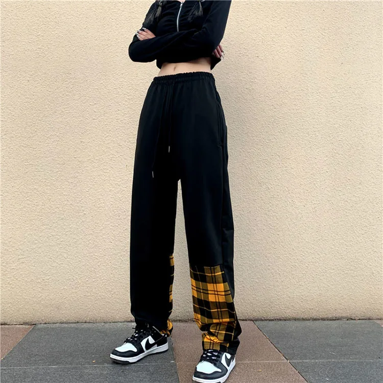 Retro casual pants women's spring autumn Korean version INS tide loose straight pants stitching plaid high waist wide leg pants capri sweatpants