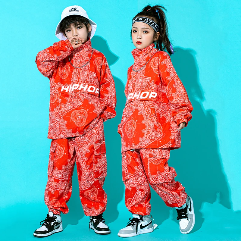 Boys Street Dance Costume Loose Blue Sweater Pants Tide Printing Hip-Hop Outfit Performance Girls Clothes Rave Wear BL7234