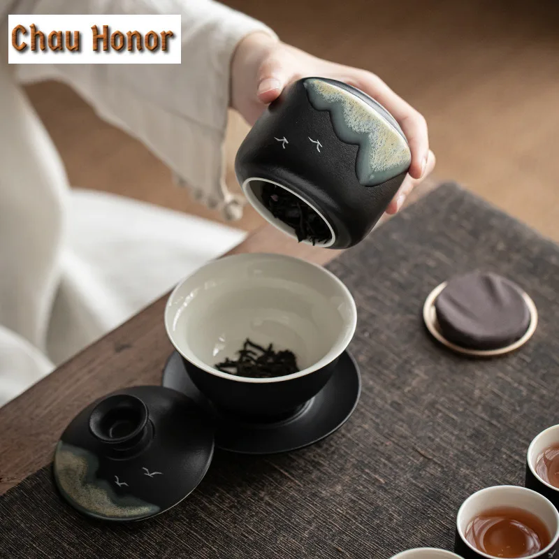 230ml Japanese Style Distant Hills Coarse Ceramic Tea Can Sealed Box Ceramic Mini Portable Moisture Proof Storage Pot Tea Items