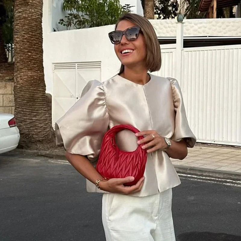 Elegant Satin Puff Short Sleeve Top Women Loose Solid Buckle O-neck Shirts Female 2025 Spring Summer Fashion Office Lady Outwear