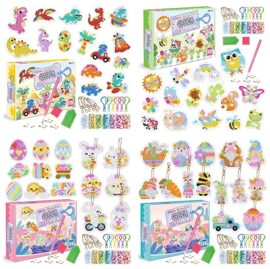 

15Pcs Kids DIY Diamond Painting Keychain Pendant Diamond Art Crafts Cartoon Animal Dinosaur Rabbit Easter Keyring Children Gift
