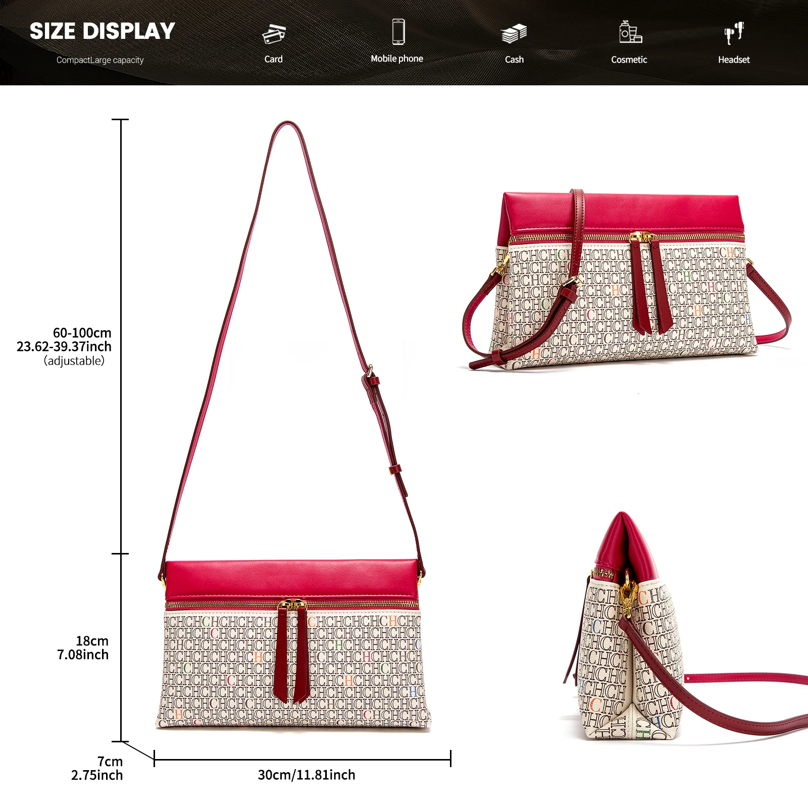 حقيبة كتف نسائية من تصميم CHCH، تتميز بتصميم ساعي...