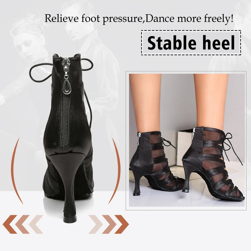 DKZSYIM Black Mesh Latin Dance Shoes Women/Ladies Ballroom Lace-Up Dance Boots Soft Suede Fashion Dance Shoes High Heels 6-10CM 5