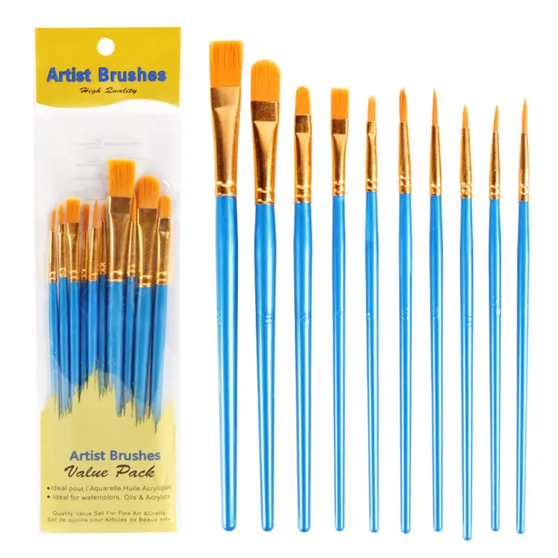 10-Piece Multi-Color Nylon Hair Paint Brush Set