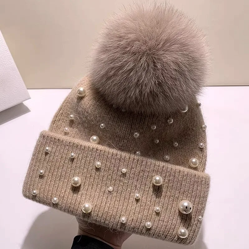 New Autumn And Winter Woolen Hat For Women, Thickened And Warm Ear Protection Rabbit Fur Hat, Real Fox Fur Ball Knitted Hat 2