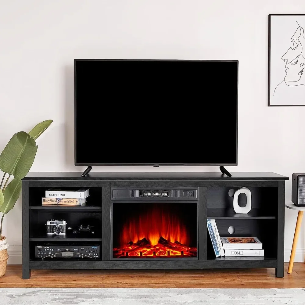 Fireplace TV Stand, Wood Texture Entertainment Center with Electric Fireplace, Farmhouse Entertainment Stand Media TV Console 2