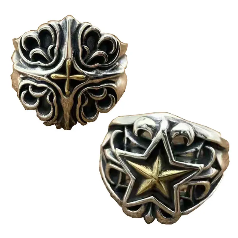 

European and American retro hollowed out pure silver five pointed star ring with wide face index finger, handsome silver jewelry
