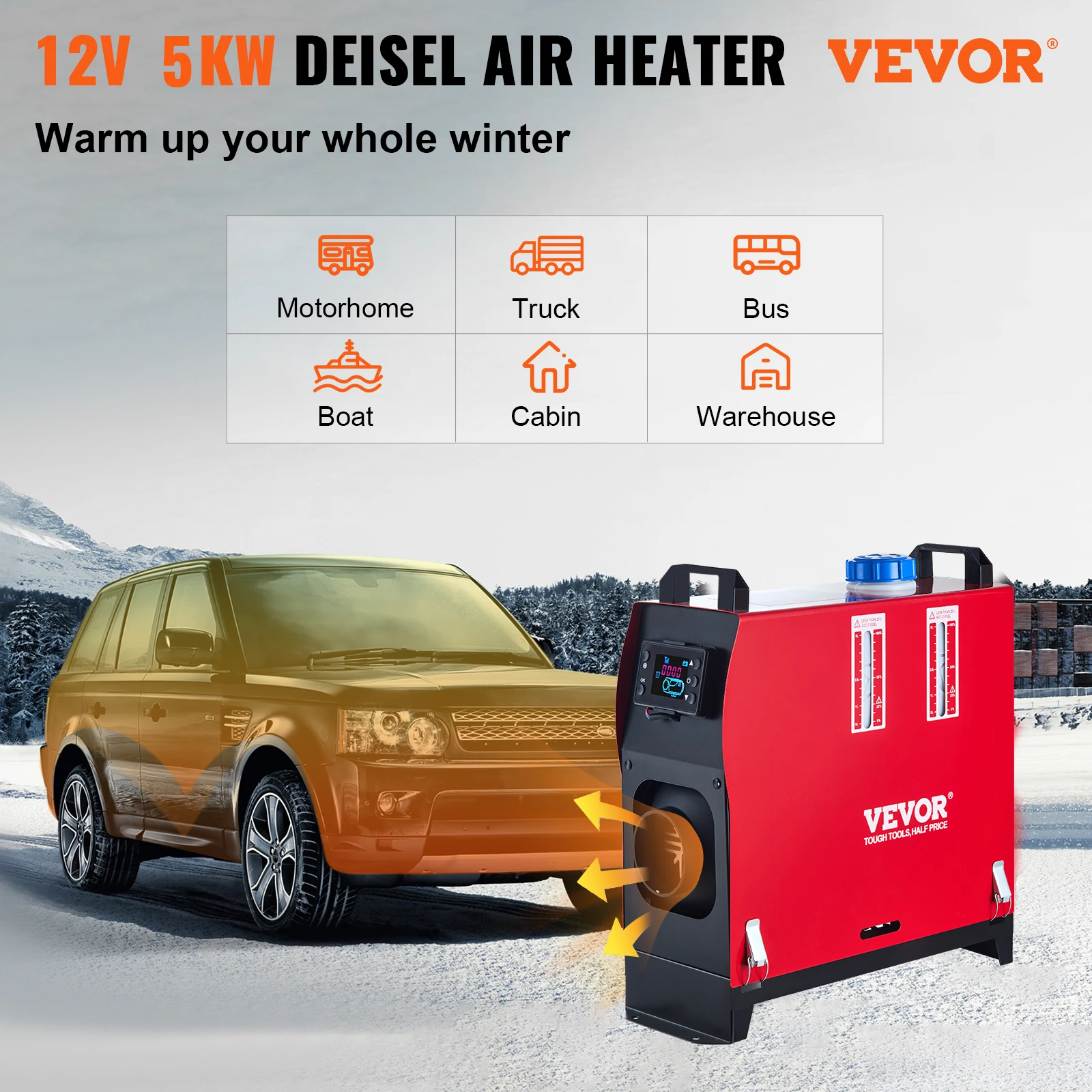 VEVOR 5KW Diesel Air Heater All in One 12V Diesel Parking Heater Silencer Diesel Heater w/Remote Control & LCD Switch for RV Bus 2