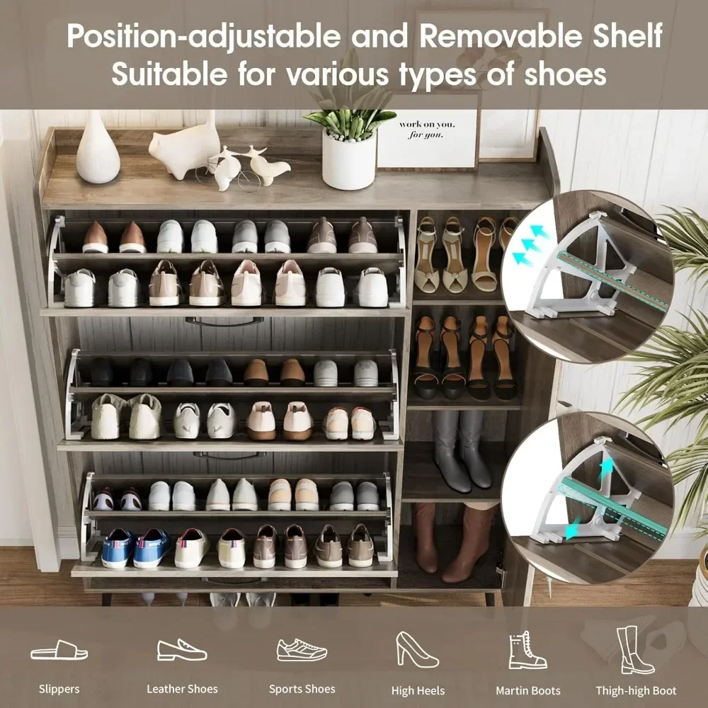 Freestanding Shoe Organizer with 5 Wooden Legs, Slim Shoes Rack Cabinet, Shoe Storage Cabinet with 3 Flip Drawers & Mirror 4