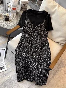 plus Size Summer Floral Lace Halter Dress Two Piece Set Women Loose Ageless Short Sleeve Dress A-Line Korean Style Commute Wind