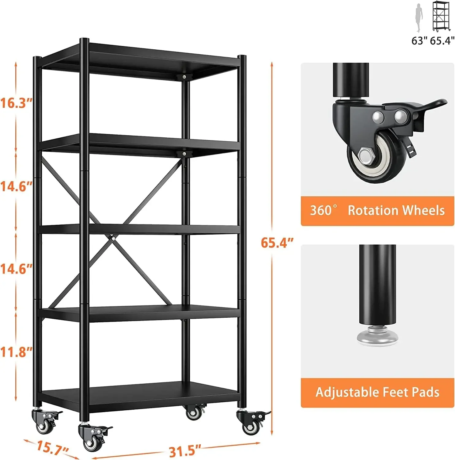 Garage Shelving Heavy Duty Storage Shelves for Storage with Wheels 5 Tier Metal Shelving Unit 1156LBS Adjustable Metal Shelves 2