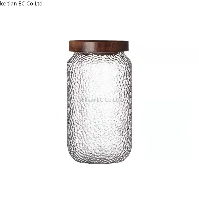 400-1000ML Acacia wood cover glass jar transparent hammered glass sealed jar spice storage bottle coffee bean tea storage jars 5