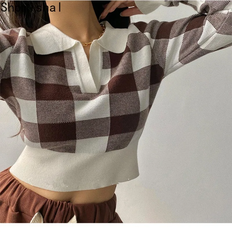 

American Vintage Plaid Polo Neck Slim Fit Pullover Short Waist Sweater Long Sleeve Underlay Knit Fashion Female Clothing