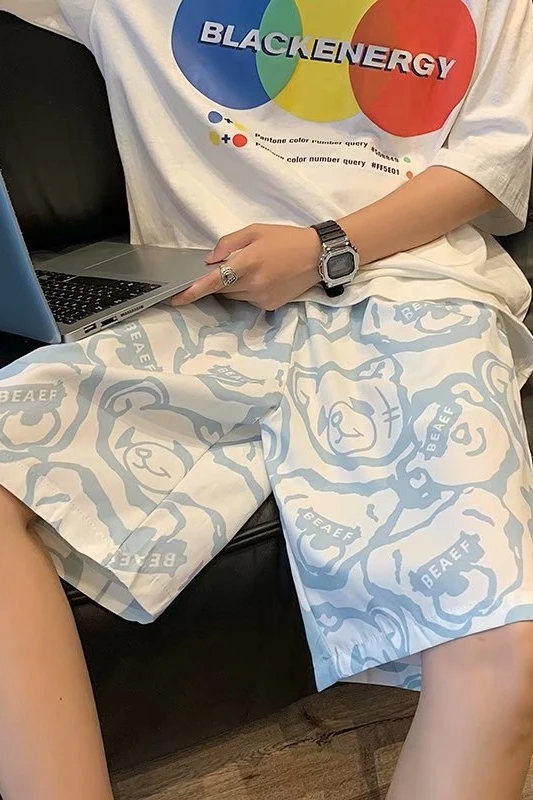 B-boy Trends Bear Print Shorts Male Loose Knee Length Shorts Hip Hop Fitness Pants Summer Outdoor Sport Street Punk Short Pants
