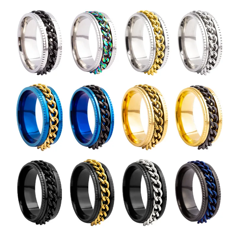 Stress Ring For Stainless Steel Rotatable Chain Fidget Metal Spinner Men Band Ring Jewelry Anillos De Hombres