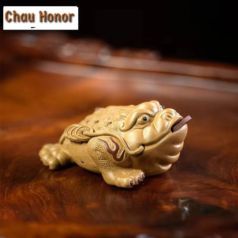 Boutique Purple Clay Tea Pet Lucky Golden Toad Statue Tea Figurine Ornaments Handmade Crafts Tea Set Decoration Accessories