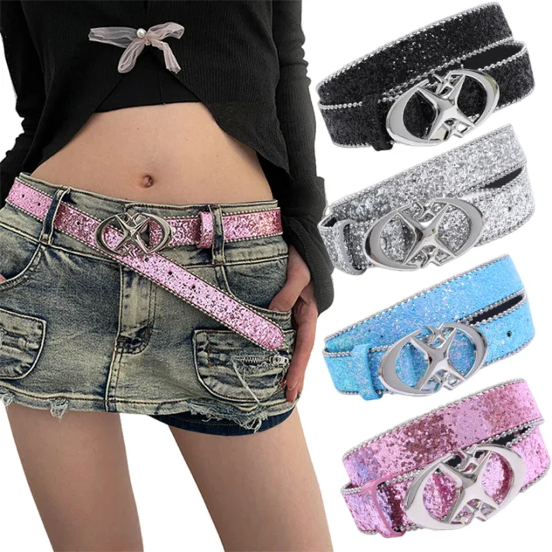 

Y2k Shiny Star Rhinestone Belt Women's Brand Belt Luxury Sexy Pentagram Leather Waist Band Party Spicy Girls Trend Accessories