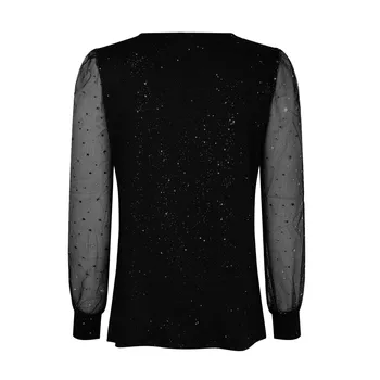 Black Blouse Women Glitter Puff Sleeve Sheer Mesh Print Elegant Long Sleeve Slim Office Shirt Blouses Spring Ladies Casual Top 2