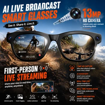 Nuovi Occhiali Smart AI con Fotocamera da 13MP, Streaming Live, Traduzione in Tempo Reale, Assistente per Riunioni e Audio Open-Ear per Uso Quotidiano