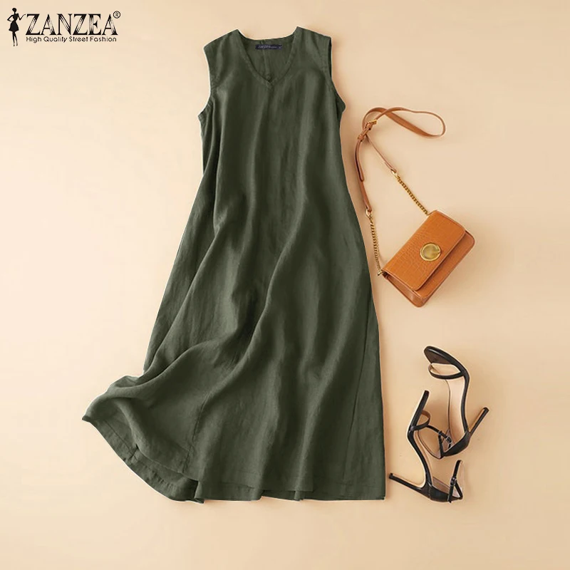ZANZEA 2025 Sommer Ärmelloses Kleid Frau Mode V Neck Solide Sommerkleid Beiläufige Lose Party Vestidos De Mujer Vintage Rob_voghion.com