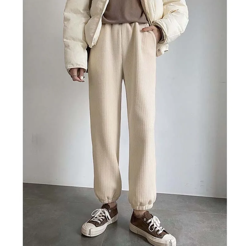 

Fashion Solid Warm Cold Resistant Lady Ankle-length Pants Autumn Winter Casual High-waist Loose Thick Velvet Pants Women 29268