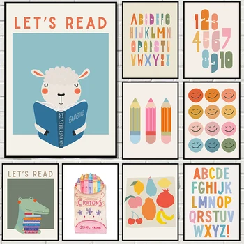 Lettura per bambini Poster colorati Simpatico aula per bambini Stampe moderne per la scuola materna Pittura su tela Immagini murali Decorazioni per la casa della camera dei bambini