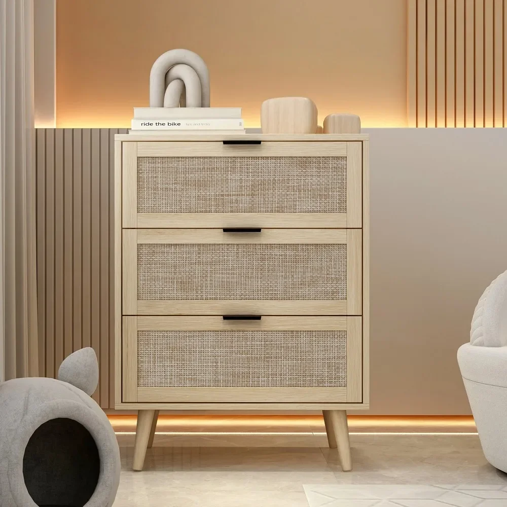 Nightstands, 3 Drawer Tall Dresser Nightstand with Rattan Storage Drawer for Bedroom Living Room, Brown, Nightstands