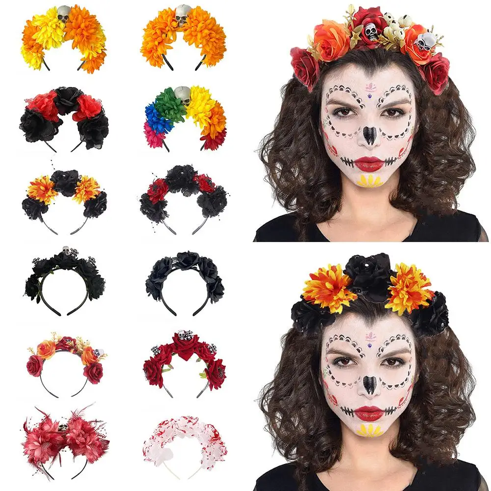 Mode Spinne Schädel Halloween Kopf bedeckung Party Kostüm Haarschmuck Blume Stirnbänder mexikanische Rose Blume Krone für Frauen – Detail 5