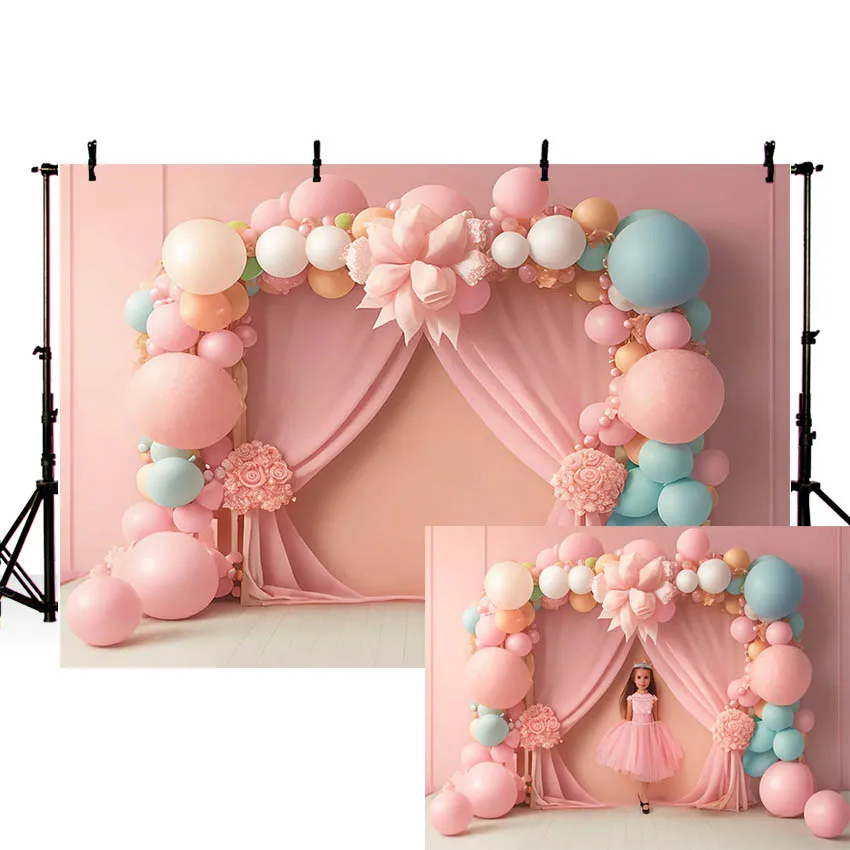 

Mehofond Pink Flower Curtain Photography Backdrops for Newborns Princess Birthday Balloons Party Supplies Photo Background Props