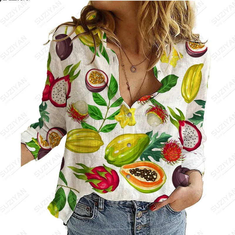 

Женская рубашка-поло с длинным рукавом, Повседневная рубашка-поло на пуговицах с длинным рукавом и 3D-принтом фруктов, весна-осень 2023