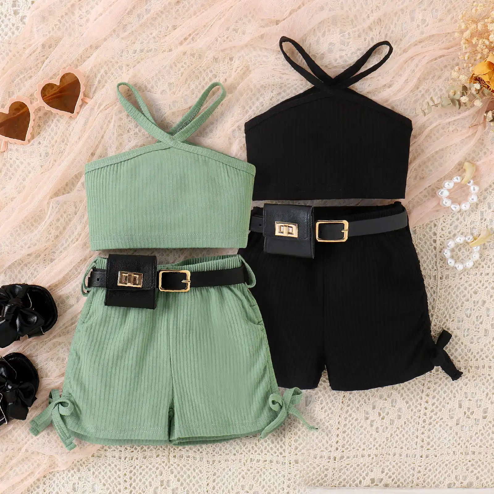 

Little Infant Kid Baby Girl Three Pieces Clothes Outfits Halterneck Oblique Shoulder Sleeveless Vest + Shorts + Waist Belt 6M-4T