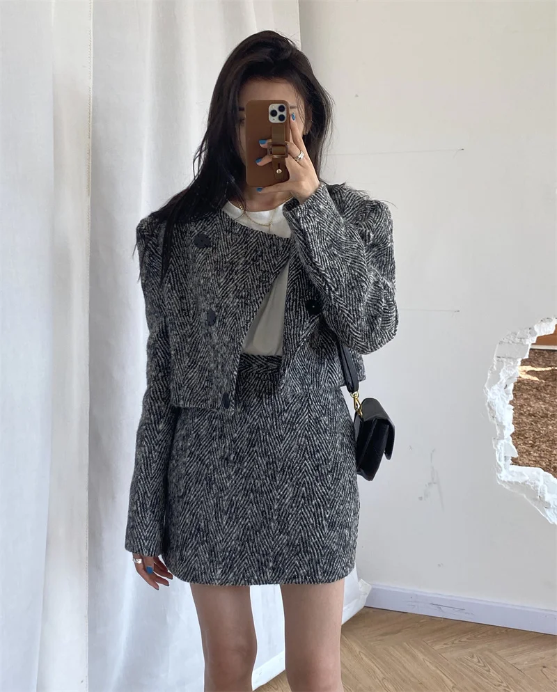 Vintage Two Piece Set Women Korean Fashion Loose Long Sleeve Coat Crop Top High Waist Short Bodycon Mini Skirt Suits 2 Pieces