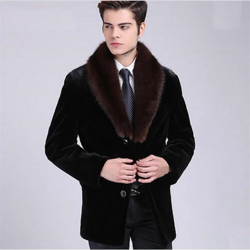 Big V Collar Faux Mink Leather Jacket Mens Jackets Winter Thicken Warm