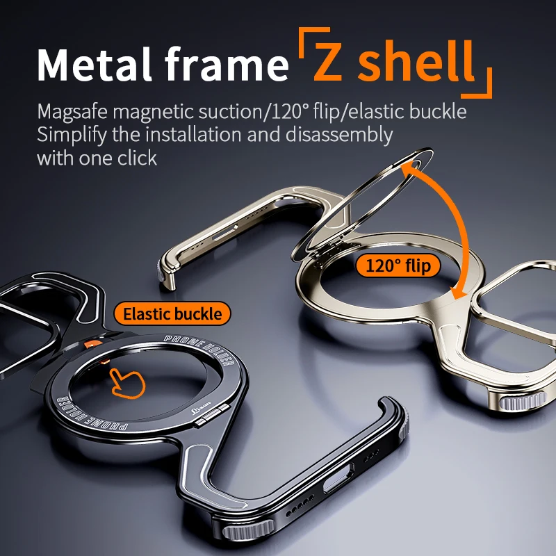 iPhone case Metal Z Type Magnetic Magsafe Snap-on Bracket Shockproof Cover for iPhone 16 15 14 13 Pro Max Aluminum Alloy Rimless phone case magnetic case phone protector cover