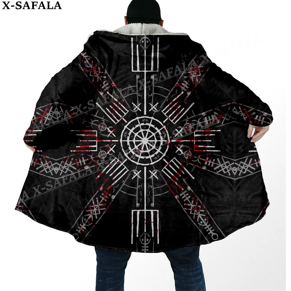 

HULINHJALMUR FENRIR'S WRATH Norse Viking Thick Warm Hooded Cloak Men Overcoat Coat Windproof Fleece Cape Robe Hooded Blanket-6