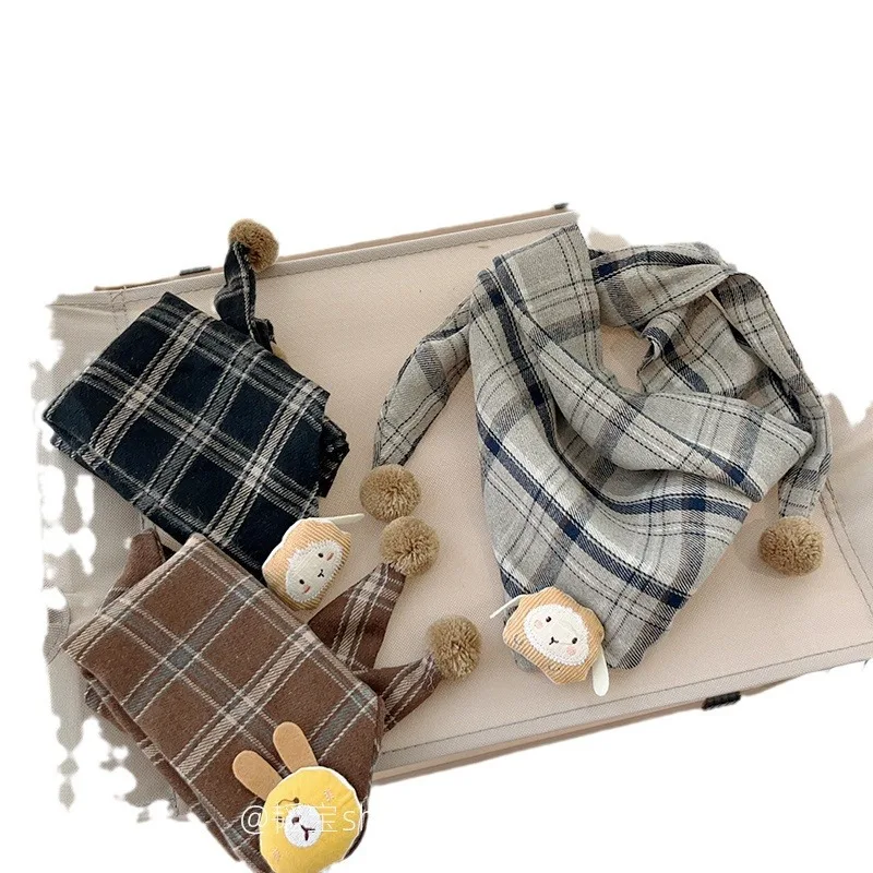 Cute Bear Checkered children's Triangle Scarf Autumn Winter all-match Boys And Girls Headscarf Cotton Scarf Children 24W014 winter accessories