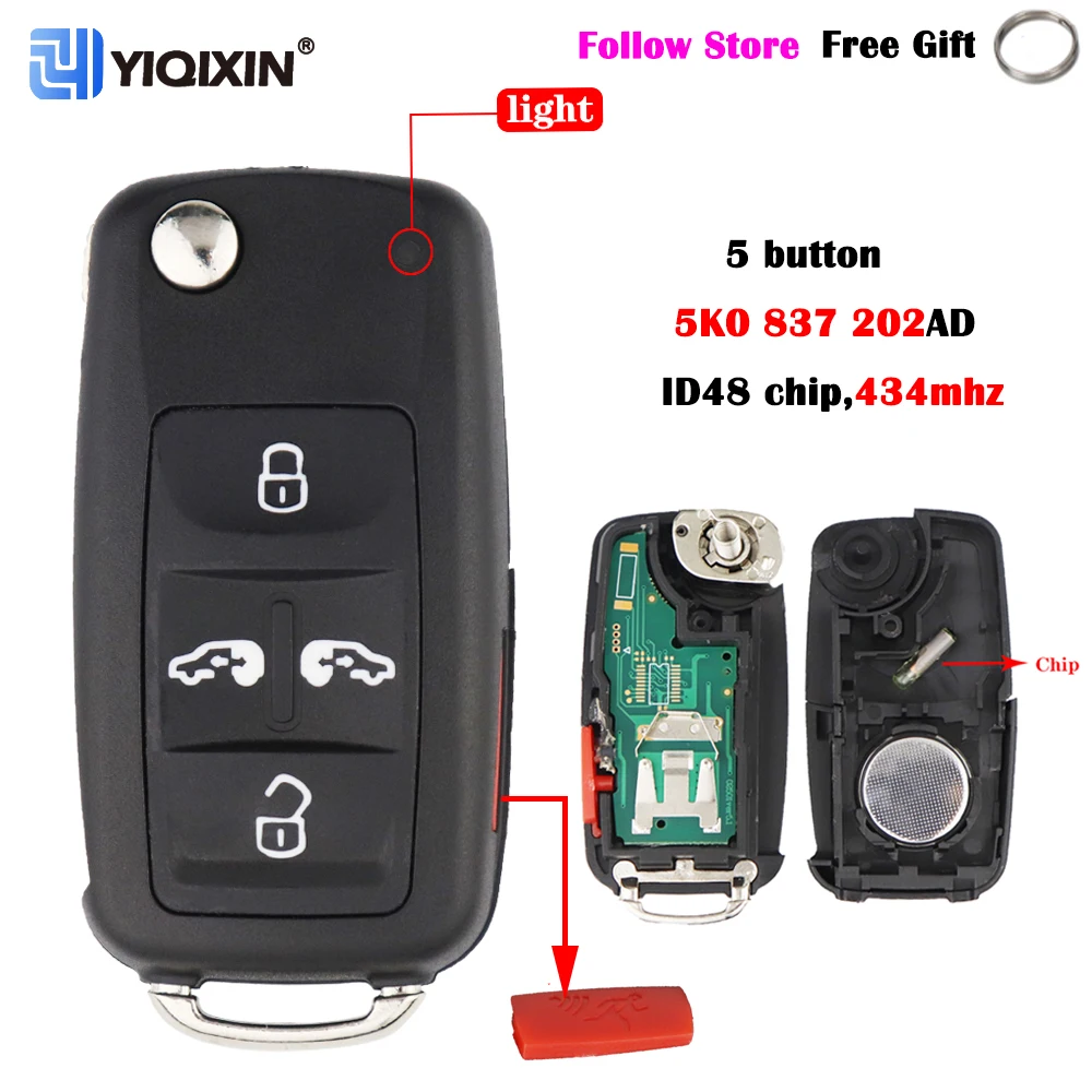 YIQIXIN 5K0837202AD 434mhz Flip Key For Volkswagen Sharan Multivan T5 VW Caravelle MPV Car Fob Remote ID48 Chip 5 Buttons Shell