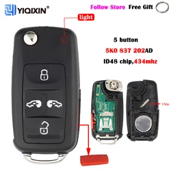 YIQIXIN 5K0837202AD 434mhz Flip Key For Volkswagen Sharan Multivan T5 VW Caravelle MPV Car Fob Remote ID48 Chip 5 Buttons Shell