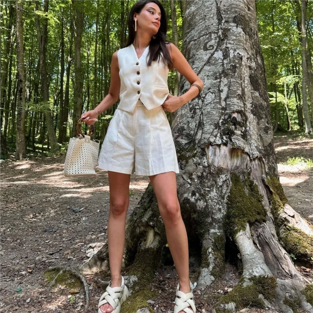 MESCHUNEY TRAF Waistcoat Shorts Set V Neck Vest Blazer Top+High Waist Slim Shorts Women Suits 2024 Summer Vintage 2 Piece Sets