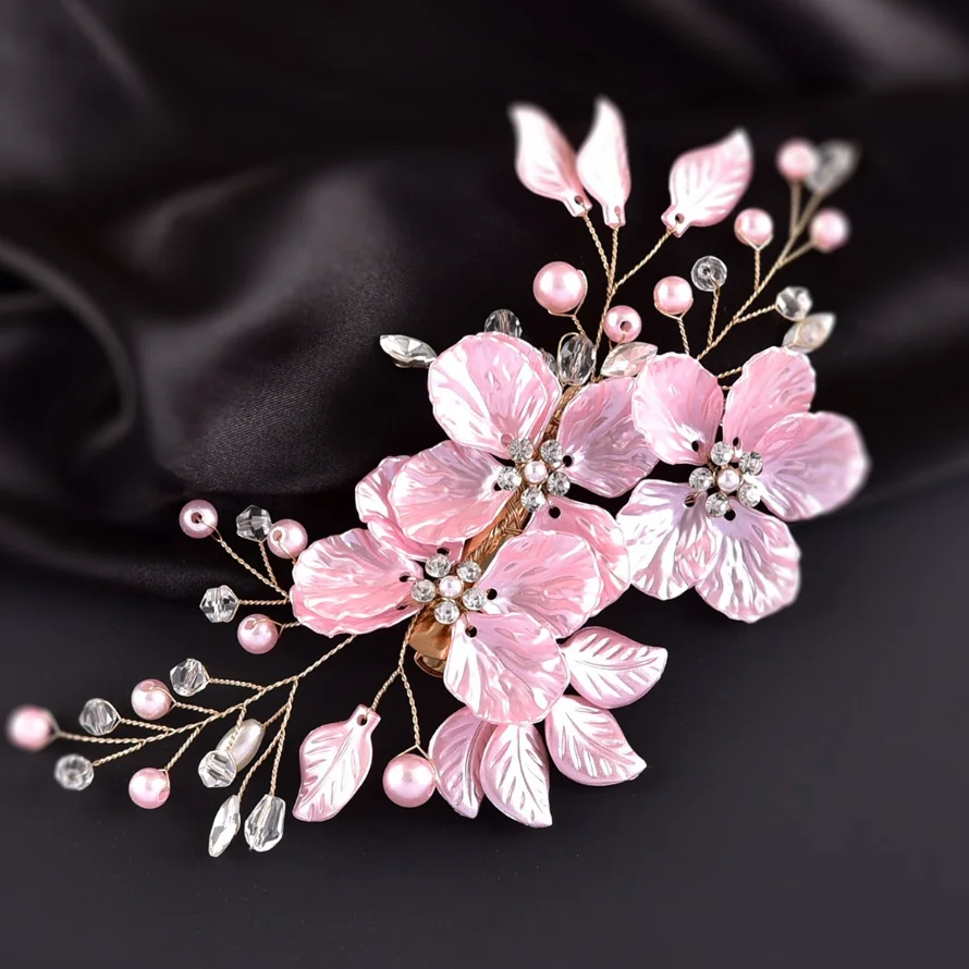 Luxuriöse Braut-Haarspange mit Rosa Blumen, Handgefertigte Perlen-Kristall-Haaraccessoires, Hochzeits- und Party-Blumen-Haarklammer für Damen – Detail 6