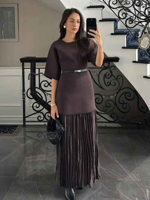 2025 Chic Splicing Brown Half Sleeve Maxi Dress Women's Casual Pleated A-line Slim Vestidos Female Office Commute Street Robes 2