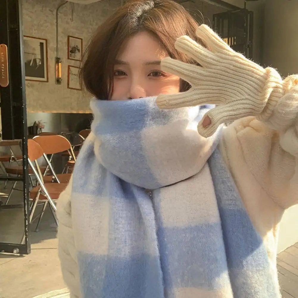 Stilvoller, schlichter, koreanischer, blau-weiß karierter Schal mit Karomuster, weicher warmer Winterschal für kaltes Wetter, Damen-Quastenschal-Wickel – Detail 7