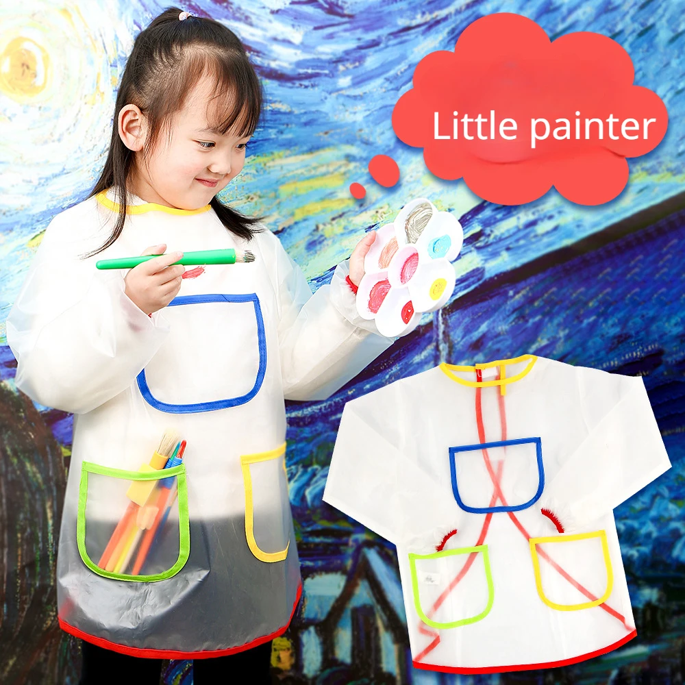 Kids Painting Apron Children's art painting apron transparent long sleeved bib graffiti anti fouling and waterproof painting apron